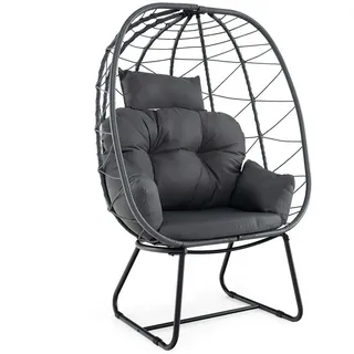 COSTWAY Korbsessel Rattan, übergroßer Loungesessel mit abnehmbarem Kissen & Metallgestell, Gartensessel Grau - Grau/Schwarz