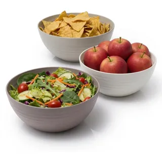 Hausfelder Salatschüssel 3er Set, 3,3 l, rund, Beige | Stapelbare Servierschüssel aus Kunststoff, BPA-frei, für Salat, Chips, Snacks, Camping & Wohnung, Beige
