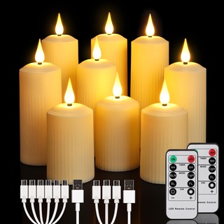 ZIYOUDOLI Wiederaufladbare LED Kerzen mit 10-Tasten Fernbedienung and 6/8 Stunden Timer Flackerfunktion Kerze Römische Stumpenkerze im 9er Set (5x10.5/14/17cm) Outdoor Wasserdicht,Type-C Aufladen.