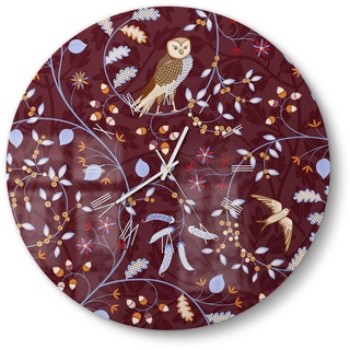 DEQORI Wanduhr 'Eulen in Blätterranken' (Glas Glasuhr modern Wand Uhr Design Küchenuhr) rot 50 cm x 50 cm