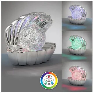 Reality Leuchten LED Tischleuchte SHELLY, Deko Tischlampe in Muschelform mit RGB Farbwechsel, 0,8W 15Lm, Ein-/Ausschalter, Farbwechsel, USB-Ladefunktion, LED fest integriert, RGB, Muschel Tischlampe mit Glitzerkugel und Farbwechsel inkl USB-Ladekabel silberfarben