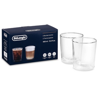 De'Longhi Gläser Set DLSC318, 2 doppelwandige Thermogläser mit Isolierfunktion für kalte und warme Getränke, widerstandsfähiges Borosilikatglas, Spülmaschinenfest, Fassungsvermögen 400 ml