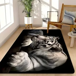 USHIRUG Wohnzimmer Tiger Teppich, 180 x 230 cm, Weißer Tiger Teppich fürs Schlafzimmer, Waschbar, rutschfest, Pflegeleicht, Tiermuster Design, Teppiche für Kinder, Jugend und Jungenzimmer