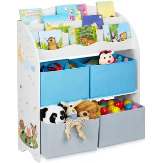 Relaxdays Kinderregal, 4 Boxen, Lagerfeuer Motiv, Spielzeug Aufbewahrung, Kinderzimmer Regal HBT 98 x 82,5 x 30 cm, bunt, 1 Stück