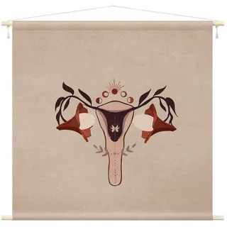 Bilderdepot24 Wandteppich modern Boho Abstrakt Botanik Vintage Spirituell beige, quadratisch, Höhe: 2.6 mm, großes Wandbild aus Natur-Baumwolle Wandbehang Stoffbild Tuch Wollseil beige 145 cm x 145 cm x 2.6 mm