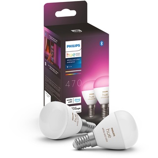 Philips Hue White & Color Ambiance E14 LED Lampen 2-er Pack (470 lm), dimmbare LED Leuchtmittel für das Hue Lichtsystem mit 16 Mio. Farben, smarte Lichtsteuerung über Sprache und App