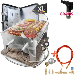 OVICUE Grill XL Set mit Anschlussset | Mobiler Gas und Holzkohlegrill aus Edelst...