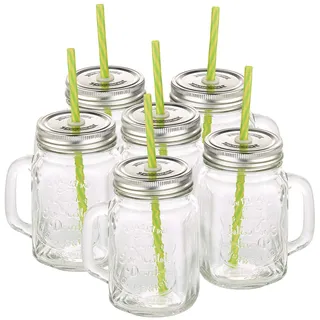 PEARL Smoothie Gläser: Retro-Trinkglas mit Henkel, Deckel und Trinkhalm, 6er-Set (Smoothie Gläser mit Deckel, Glas mit Strohhalm, Becher)