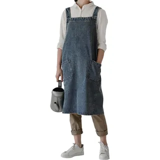 FESEAQ Denim-Arbeitsschürze, Unisex-Gartenschürze Mit 2 Taschen Für Kunst, Café, Kochen, Malen,One Size,B