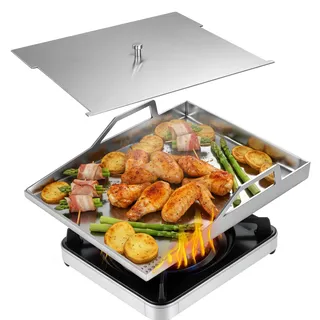Lightasea Plancha Grillplatte,40 x 30cm Plancha Grillplatte Edelstahl,mit Griffen, praktischem Deckel,Universal Edelstahl Grillplatte,für Gasgrill & Kohlegrill - Gleichmäßige Hitzeverteilung