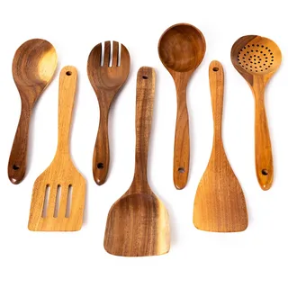 Küchenutensilien-Set, 7-teilig, zum Kochen, 30 cm, aus hochwertigem, nachhaltigem Akazienholz, inklusive Servierlöffel, Pfannenwender-Set, Schöpflöffel, kratzfest, hitzebeständig