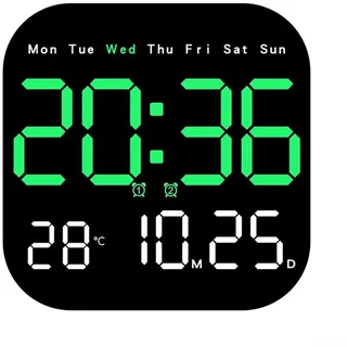 SPORTARC Große digitale Wanduhr mit Temperaturanzeige, Fernbedienung und Helligkeitseinstellung (18,5 x 18,5 cm, Schwarz)