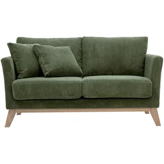Skandinavisches Schlafsofa für 2 Personen in samtigem Rippenvelours in Khakigrün und hellem Holz OSLO