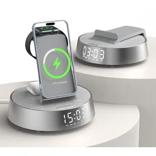 COLSUR Wireless Charger für i Phone Radiowecker mit Bluetooth Lautsprecher | Wecker mit Ladestation applewatch undiphone Kabelloses Ladegerät für Air-Pods mit Licht Nachtlampe