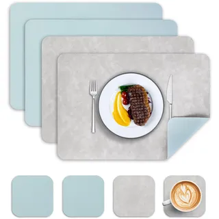 Wanfolle Tischsets Abwaschbar und Untersetzer 4er Set, Tischsets Leder Platzset Abwischbar Doppelseitigen Hitzebeständig Wasserdicht rutschfest Platzdeckchen Lederoptik (Hellgrau Hellblau)