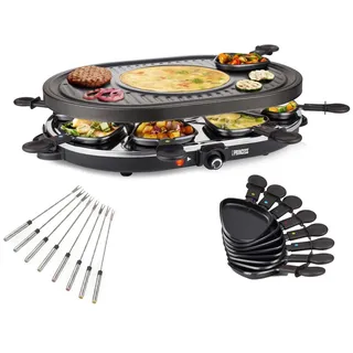 PRINCESS Raclette, 8 Raclettepfännchen, Gerät für 2-8 Personen Tischgrill mit Crêpefläche Camping geeignet schwarz