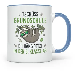 Abschied Grundschule Tasse mit Faultier Spruch | Geschenk für Fünftklässler zum Schulwechsel in die 5. Klasse für Jungen & Mädchen (Blau)