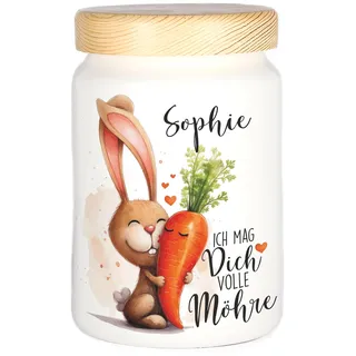 Herz & Heim® Personalisierte Vorratsdose aus Keramik – „Ich mag Dich volle Möhre“ – Aufbewahrungsdose mit Holzdeckel – Geschenk für Ostern, Partner & Freunde – Hasenmotiv mit Wunschname