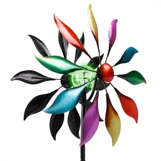 Metall Doppel Windrad mit Solar LED Glaskugel - Ø 38 cm | Deko Gartenstecker, Farbwechsel Beleuchtung, Windspiel Windmühle, Blumenstecker Beetstecker, beleuchtet wetterfest