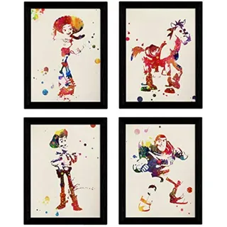 POSTER Set mit 4 Filmspielzeuggeschichte, Buzz, Woody, Jessie und das Pferd A4 Schwarzer Rahmen