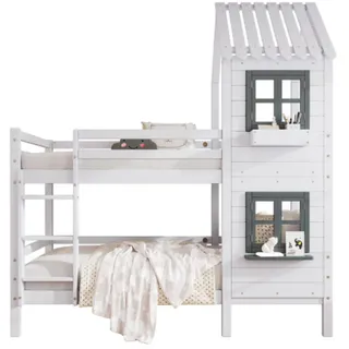 Luhomfu Haus-Etagenbett, Weiß, Holz, 90x200 cm, Kinder- & Jugendzimmer, Kindermöbel, Kinderbetten, Etagenbetten