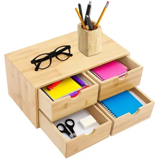 Bambus Schubladenbox mit 4 Schubladen, Schreibtisch Organizer für Büro & Home Office, Aufbewahrungsbox für Dokumente, Kosmetik & Zubehör, platzsparender Holz Organizer, Natur