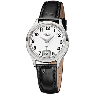 Regent Funkuhr Regent Damen-Armbanduhr schwarz, Damen Funkuhr rund, klein (ca. 29mm), Lederarmband schwarz schwarz