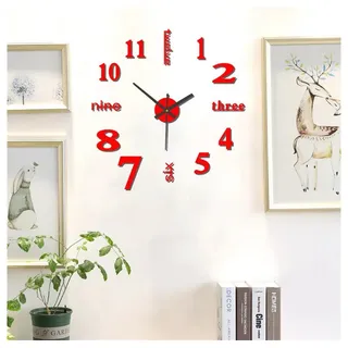 MOPUEA Wanduhr Wanduhr DIY Wanduhr mit 3D-Zahlen,Geräuschlos,Acryl,80-130 cm (Leises Uhrwerk, einfach zu installieren, langlebige) rot