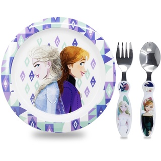 Sorrisini Kindergeschirr Set Disney | Kinderbesteck Gabel Löffel aus Edelstahl Teller | Wiederverwendbares Geschirr für Kinder | Kinder Frühstücksset Frozen