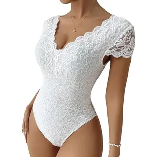 Haibang Body Damen Sexy Spitze V-Ausschnitt Kurzarm Bodysuit Elegant Stickerei Spitzenbody Floral Lace Rückenfrei Oberteil Slim Fit Jumpsuit Overall Sommer Damenbody Spitzenbluse Party Club Shirts - S