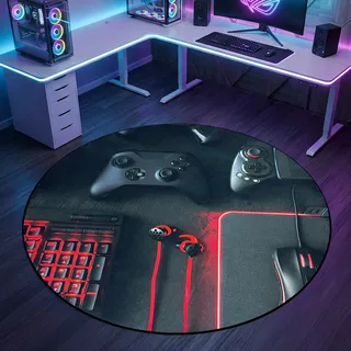 CARPETIA Gamingteppich Rund Konsole Joysticks Schwarz Rot Ø 160 cm | Samtig weich, rutschfest, bei 30 °C waschbar, pflegeleicht und strapazierfähig, für Gaming- & Jugendzimmer