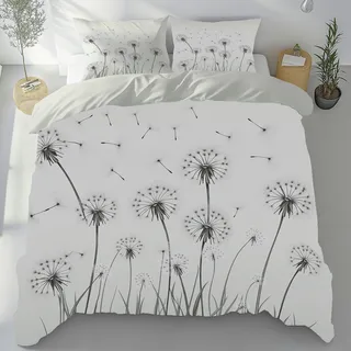 Tyafsgvqo Pusteblume Bettwäsche 135x200 cm, Wildpflanzen Löwenzahn Bettbezug 3 Teilig Bügelfrei, Einfach Schwarz Weiß Bettwäsche Set Weich Atmungsaktiv, Wendebettwäsche mit 2 Kissenbezug 80x80 cm