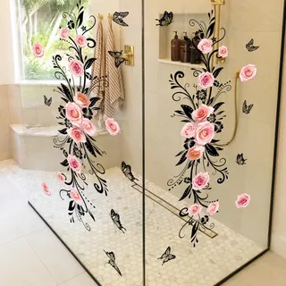 WandSticker4U®- [2er Set] Wandtattoo BLUMEN schwarz groß (69x43 cm) I Wandsticker Blumen rosa Rosen Blüten Ranke I Wanddeko Wohnzimmer Schlafzimmer Badezimmer Küche Flur Möbel Aufkleber XXL