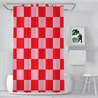 Rosa und Rot Karierter Duschvorhang 180x200,Kreative Badezimmerdekoration mit Haken,Wohnaccessoires,Schnelltrocknender,Waschbarer Badevorhang,Wasserdichter Stoff für Das Badezimmer,B180xH200 cm (1