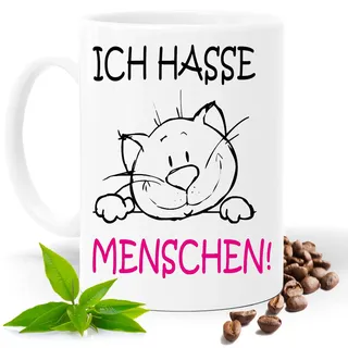 Lustige Tasse mit Spruch |ICH HASSE MENSCHEN | Katze| Kakao- Kaffee- Tee- Fototasse| Geschenke für männer frauen | Keramik Tasse |Spülmaschinenfest (Weiss)