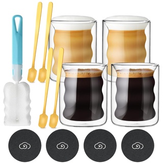 4er Set Latte Macchiato Gläser, 200ml Kaffeegläser Spiralförmig mit Löffeln und Untersetzern, Doppelwandige Cappuccino Tassen Saftgläser Glas Cup Espresso Gläser Thermo Teegläser