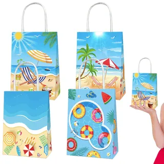 4 Stück Sommer Pool Strand Papier Geschenktüten Süßigkeiten Beutel Mitgebsel Tüten mit Griff Sommer Hawaii Mottoparty Geschenktüten für erwachsener Kindergeburtstag,Giveaways,Party Dekorationen