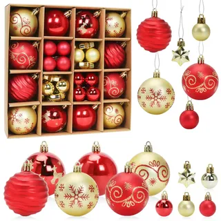 Weihnachtskugeln Rot Gold, 44 Stück Christbaumkugeln Kunststoff Set, Weihnachtsdeko Kugeln Stern, Christbaumschmuck Große & Kleine, Weihnachtsbaumschmuck Weihnachtsbaum Deko