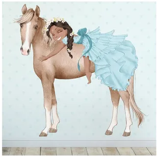 Sunnywall Wandtattoo Prinzessin Mädchen auf Pferd, Wandaufkleber Kinderzimmer, Pferde, selbstklebend, rückstandslos entfernbar beige|braun