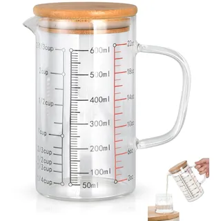 Otufan Glas Messbecher, Hitzebeständiges Klare Skala Rührbecher Mit Deckel, Bequemer Griff, Measuring Cups Borosilikatglas Kaffeetassen Milchmessbecher (600ml)