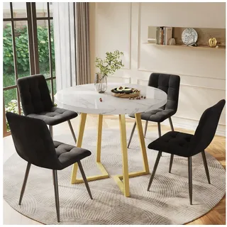 Flieks Esstisch (1-St., 1 Tisch, 80x75 cm), runder Küchentisch, weiße Marmoroptik, Metallbeine goldfarben