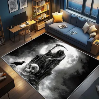 AevuCub Sensenmann Deko, Schwarz Gothic Teppich 120x160 Kurzflor, Teppich Wohnzimmer Horror Totenkopf, Weich rutschfest Waschbare Teppiche, Bettvorleger Schlafzimmer Kinderzimmer