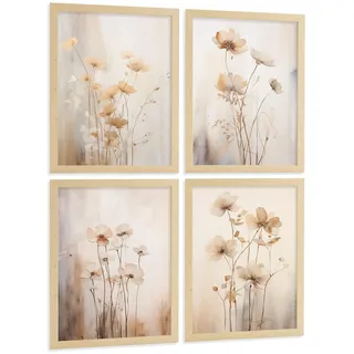 POSTER 4er-Set Wandbilder Blumen Vintage modern Wohnzimmer Deko, Schlafzimmer, Küche, Badezimmer Rahmenlos A4