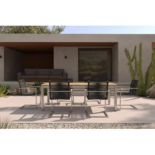 OUTFLEXX Garten-Essgruppe, silber/schwarz, Edelstahl/Teak, Ausziehtisch 200-300 x 100 cm, 6 Freischwinger, FSC®-zertifiziertes Produkt