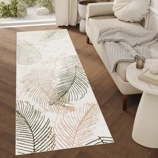 TAPISO Crystal Läufer Teppich Glänzend Gold Beige Grün Blätter Palmenblätter Wohnzimmer Schlafzimmer Flur Korridor Modern Design ÖKO-TEX 70 x 130 cm