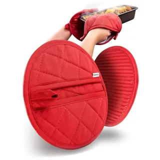 wohnheld Premium Topflappen (Extrem hitzebeständig bis 250 °C) waschbare & weiche Baumwolle - Ofenhandschuhe Topfuntersetzer mit praktischen Greif-Taschen - 20cm Rot