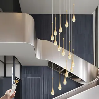 Treppe Pendelleuchten, LED Dimmbarer Kronleuchter, Treppenhaus Pendellampe, Gold Regentropfen Kristall Lampe, Höhenverstellbarer Wohnzimmer Pendelleuchte, Kronleuchter Für Foyer, Eingang, Villa(15 hea