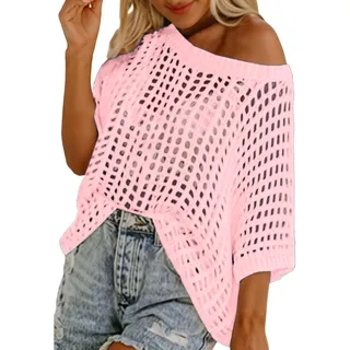Netzoberteil Damen Schulterfreies Sommer Kurzarm Festival Outfit Damen, Transparentes Netz Oberteil Netzshirt Locker Oversize Neon Shirt Sommerpullover Leicht Elegant Bunt Netzhemd
