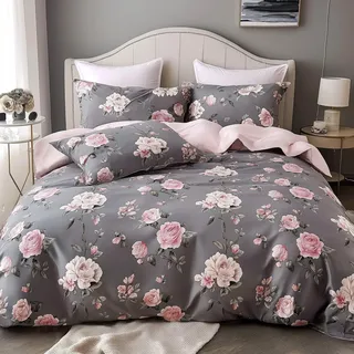 GeZu Lavea Blumen, Blätter Baumwolle Rosa 200 x 220 cm + 80 x 80 cm