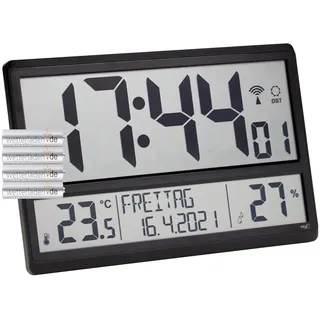 TFA Dostmann XL Wanduhr digital, 60.4520, mit Temperatur und Luftfeuchtigkeit, Wochentag (8 Sprachen), Funkuhr, gut ablesbar, groß, (L) 360 x (B) 235 x (H) 28 (84) mm (schwarz mit Batterien)